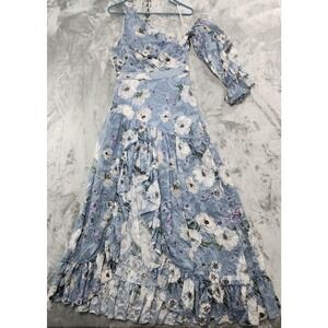 NEW We Are Kindred Dress Women 4 Blue Cornflowers Tabitha Asymmetric Maxi Ruffle